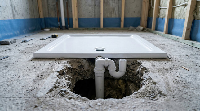 Shower tray installed over exposed plumbing drain during bathroom renovation. Construction site showing unfinished floor, pipe fitting, insulation, and remodeling work.