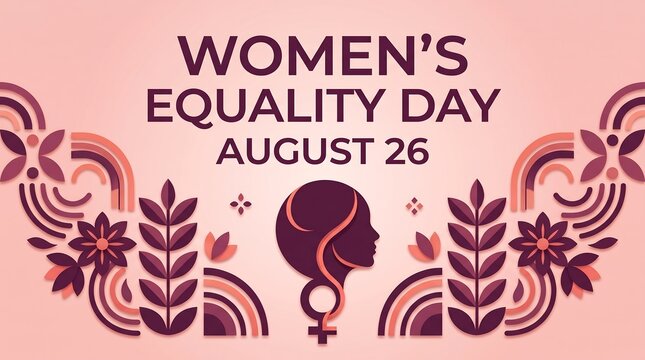 Women's Equality Day August 26 poster with female silhouette, floral ornaments, abstract geometric elements, and modern typography