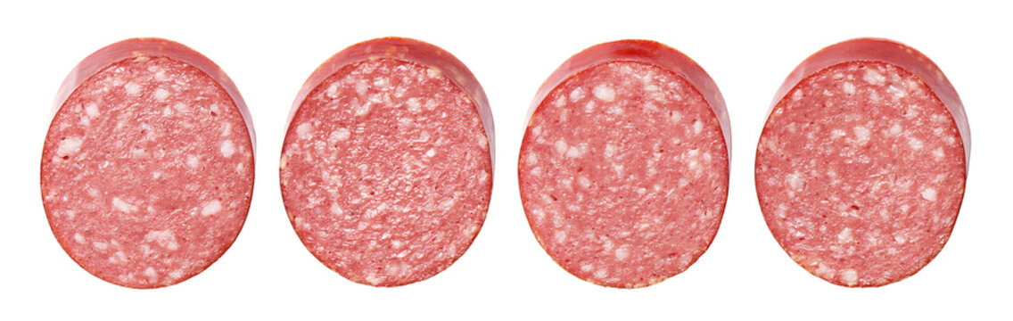 Set of round salami slices, isolated on transparent cutout background