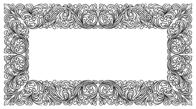 Vintage ornate floral frame, decorative baroque border with swirls, black and white filigree engraving for wedding invitations