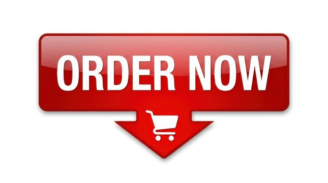 Red rectangular button with white text and shopping cart icon against a white background order now ecommerce purchase retail