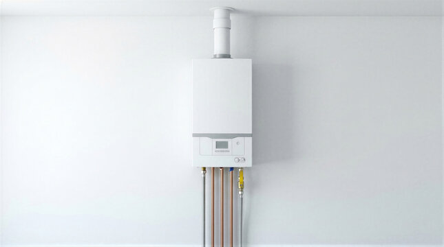 Wall mounted gas boiler with pipes and digital control panel. Home heating system for energy efficient water heating, residential utility installation, maintenance, and modern household comfort.