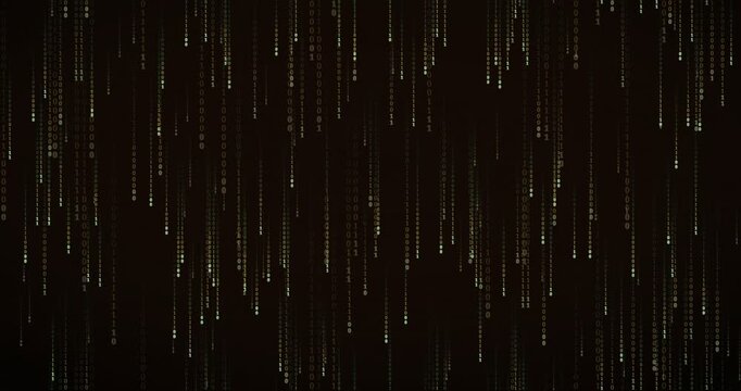 Amber binary digits fall in a steady terminal cascade during this 4K animation, showcasing open readable streams and deep tunnel parallax across a full-frame code field.