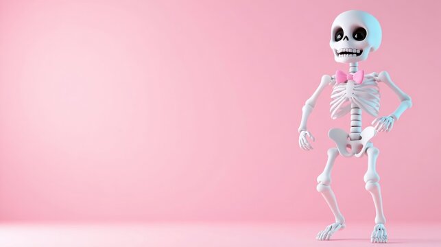 Cartoon Skeleton Character with Pink Bow Tie on Pink Background.