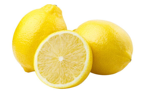 Fresh whole lemons with juicy lemon half, isolated on transparent cutout background