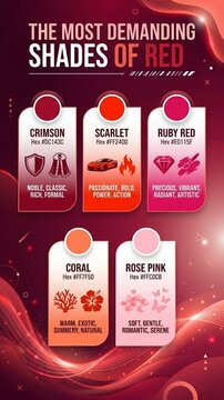 Educational design infographic showcasing popular shades of red featuring hex codes and thematic representative icons infographic swatches