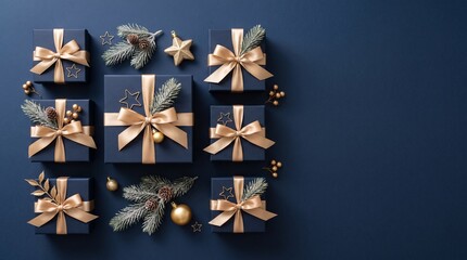 Naklejka premium Elegant Floating Christmas Presents with Golden Ribbons
