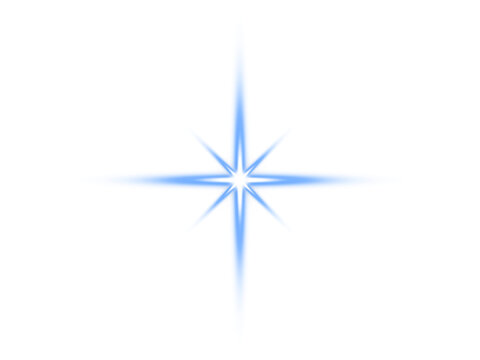 Blue glowing four-point starburst light effect on a clean white background. Soft radiant rays create an elegant sparkle highlight. Perfect for festive graphics, logos, overlays, and digital designs.