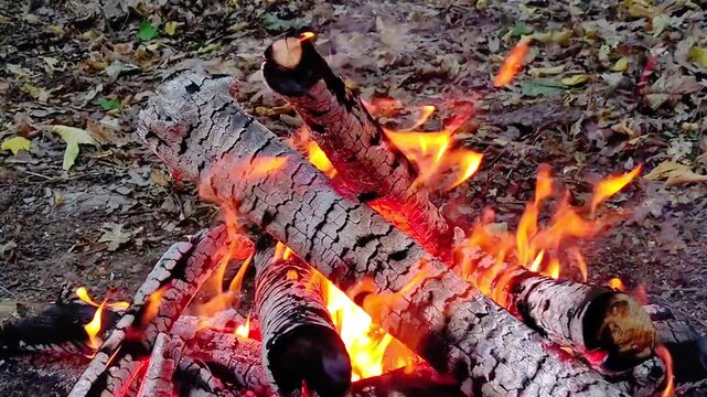 Close-up of Campfire Flames and Burning Wood Logs. Dynamic close-up stock video of vibrant campfire flames and glowing embers engulfing wood logs. 