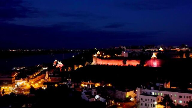 Nizhny Novgorod, Russia. Drone footage of the Kremlin walls of Nizhny Novgorod. Night time. Drone footage