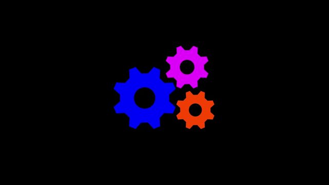 3 Blue, red and purple gears spinning. Group of gears. Alpha channel. Gears rotating animation. cogwheel gear icon logotype rotating animation.