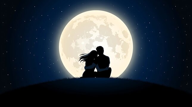 Romantic couple silhouette embracing under a large full moon in a starry night sky.