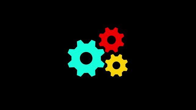 3 Whit, red and cyan gears spinning. Group of gears. Alpha channel. Gears rotating animation. cogwheel gear icon logotype rotating animation.