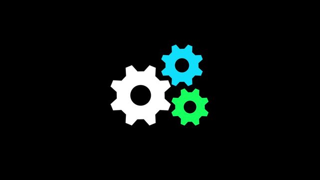 3 Whit, green and cyan gears spinning. Group of gears. Alpha channel. Gears rotating animation. cogwheel gear icon logotype rotating animation.