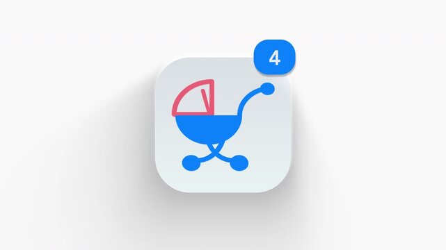 Stroller app icon featuring an animated notification badge with number counter increasing from 1 to 99, dynamic shadow effect, minimalist concept for travel buggy updates, on white background.
