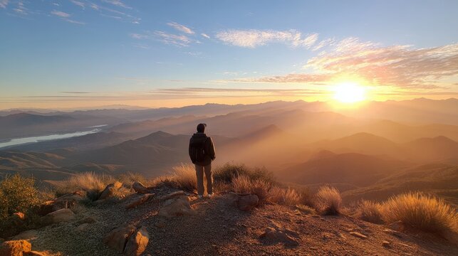 Hiker standing on rocky mountain peak watching sunrise with solitary figure