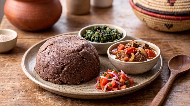 Traditional Kenyan Ugali wa Mtama Millet Served with Beef Stew, Sukuma Wiki and Kachumbari Salad