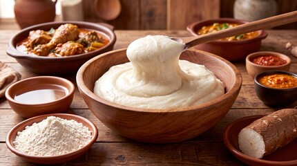 Fototapeta premium Angolan Funge Cassava Porridge Served with Ingredients and Stews on a Rustic Wooden Table