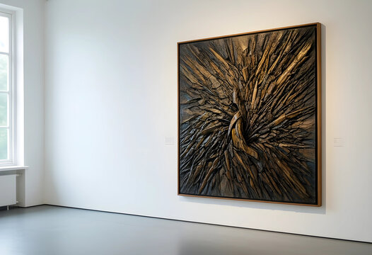 Textured artwork with a swirling, explosive design in an art gallery setting with Natural light