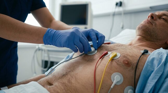 Medical professional in blue gloves attaching ECG EKG electrocardiogram electrodes to patient chest for heart monitoring in hospital room