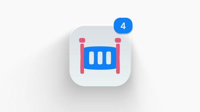 Crib app icon featuring an animated notification badge with number counter increasing from 1 to 99, dynamic shadow effect, minimalist concept for bedroom furniture updates, on white background.