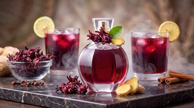Elegant Zobo Hibiscus Perfume Bottle Surrounded by Iced Tea Glasses Ginger and Dried Flowers