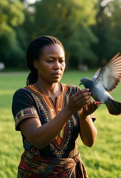 African woman in traditional dashiki shirt holding a pigeon with outstretched wings in a sunny park, the womans hands gently support the bird as it prepares for flight