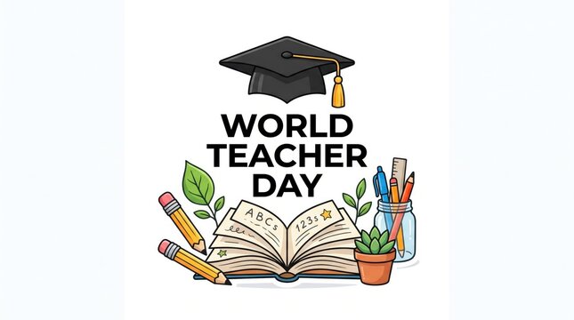 A beautiful watercolor illustration honors world teacher day featuring essential school supplies and a classic graduation cap on a pristine white background