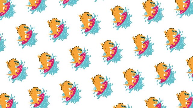 A surfer dinosaur seamless pattern looping animation