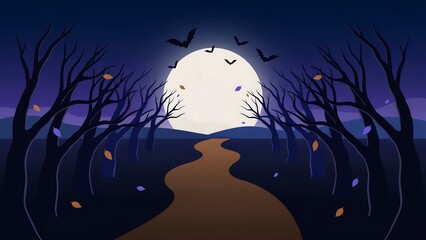 Fototapeta premium Spooky halloween night landscape with a full moon and silhouettes of bare trees and flying bats