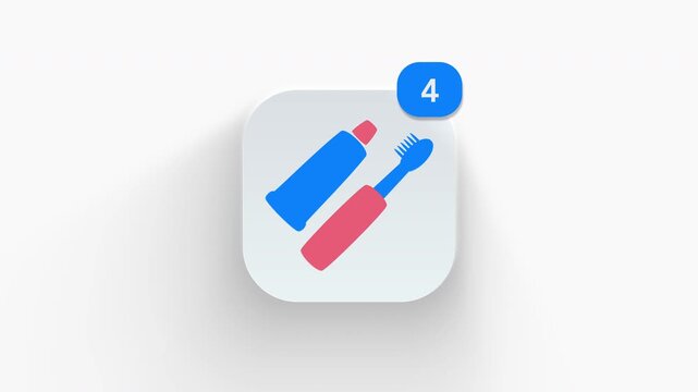 Toothbrush and toothpaste app icon featuring an animated notification badge with number counter increasing 1 to 99, dynamic shadow effect, minimalist dental updates, on white background.
