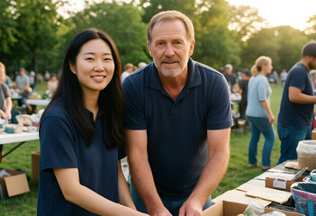 Naklejka premium Smiling asian woman and mature man at an outdoor market, community event and local business concept, Diverse group of people in a park setting during daylight hours