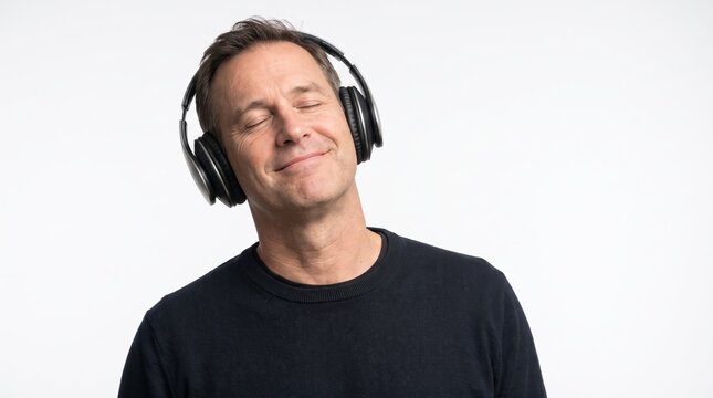 Relaxed man with headphones on, eyes closed, enjoying the serene sounds of music or an audiobook, finding peace in his personal audio experience