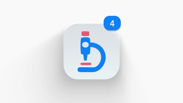 Microscope app icon featuring an animated notification badge with number counter increasing 1 to 99, dynamic shadow effect, minimalist concept for lab research updates, on white background. 