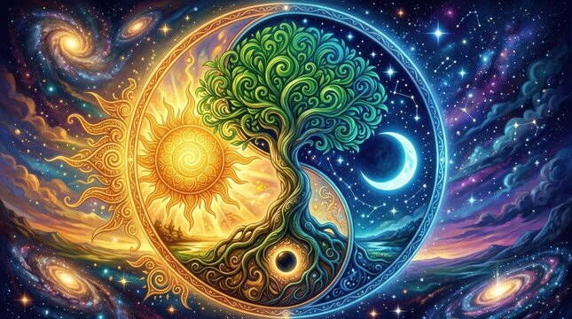 Yin and yang symbol featuring a tree with sun and moon elements is a vibrant illustration yin-yang celestial balance harmony