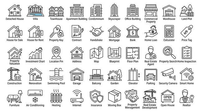 Real Estate Editable Line Icon Set with Property Transactions, Houses, Apartments, Mortgage, Amenities, Investment, and Housing Services