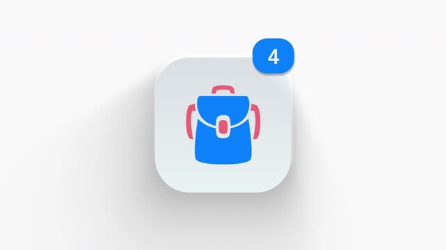 School backpack app icon featuring an animated notification badge with number counter increasing 1 to 99, dynamic shadow effect, minimalist concept for travel bag updates, on white background. 