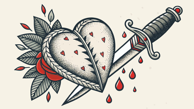 Traditional tattoo style heart pierced by a dagger with rose and blood drops traditional illustration bleeding emotional sharpness abstract heartbreak conflict