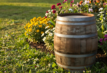 Naklejka premium Rustic wooden barrel in a vibrant garden with colorful flowers and green grass under warm sunlight, Bathed in warm sunlight, the texture of the aged wood and the natural beauty of the plants