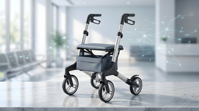 Modern Rollator Walker with Seat and Wheels in Bright Healthcareand technology