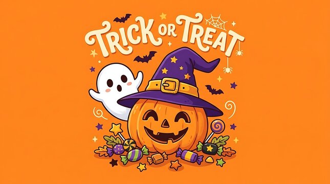 Trick or treat halloween illustration featuring smiling jack o lantern ghost and candy on orange backdrop for greeting cards and decorations.