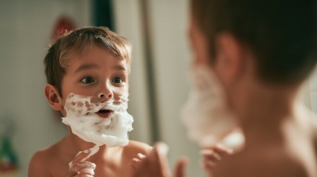 Young child covered with white shaving foam like a funny beard, looking at their mirror reflection with genuine surprise and amusement during a playful family moment at home.