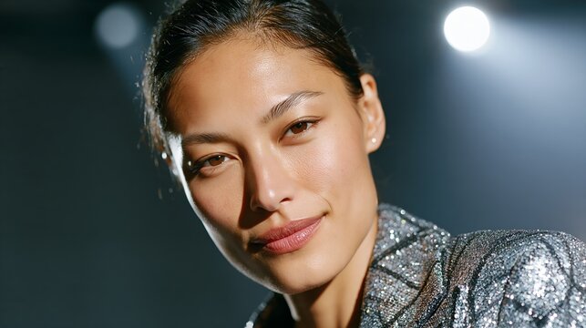 Elegant woman in shimmering garment. Dark hair pulled back neatly. Soft lighting highlights her poised expression