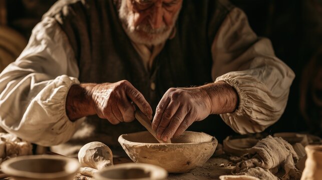Local artisan carefully crafting a traditional cultural object by hand using natural materials and traditional tools in an authentic workshop, highlighting skilled craftsmanship and cultural heritage.