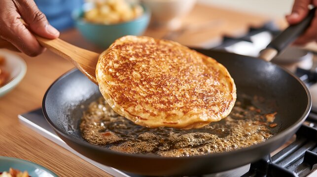 Golden pancake flips in hot skillet.