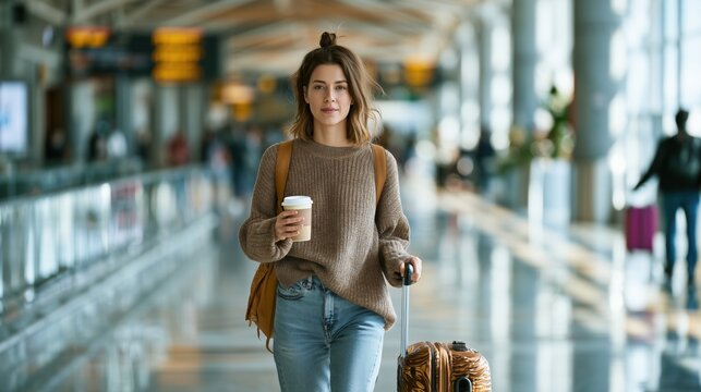 Young woman walking through a bright modern airport terminal with takeaway coffee and stylish rolling luggage, capturing an authentic travel lifestyle moment with natural movement.