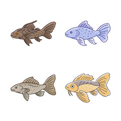 Fototapeta premium Colorful cartoon fish swimming together - Four cheerful cartoon fish in bright colors swimming in a playful formation.