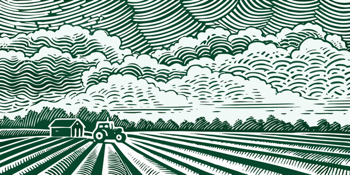 tractor in rural landscape woodcut style illustration farm agriculture field house clouds sky