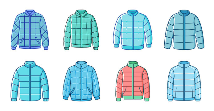 Colorful winter jackets flat illustration - Flat vector illustration of six stylish winter jackets in different colors and patterns.