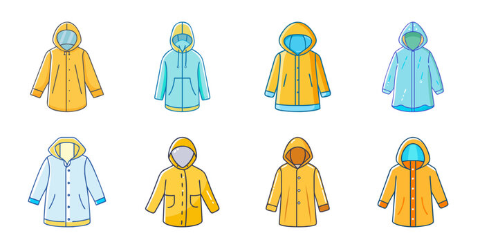 Set of six colorful cartoon raincoats and jackets - Bright and cheerful cartoon-style raincoats and jackets in various colors for illustration or design use.